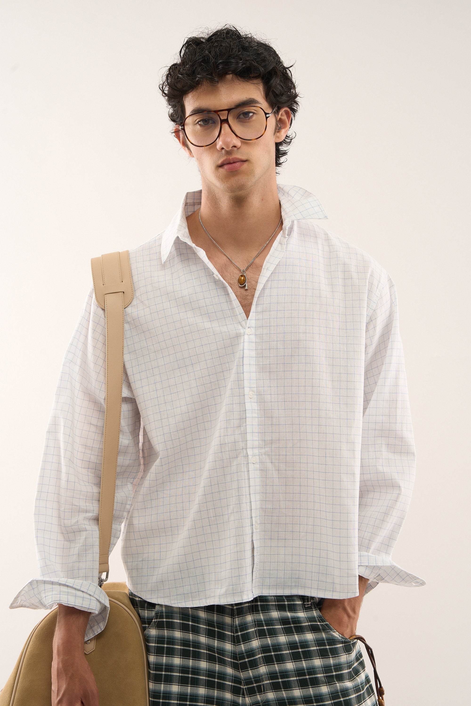 Podwójna koszula w kratkę w kolorze białym